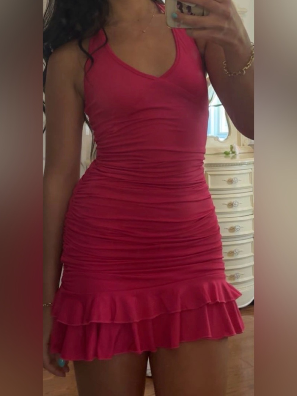 PEPPERMAYO Women’s Pink Ruched V-Neck Ruffled Dress